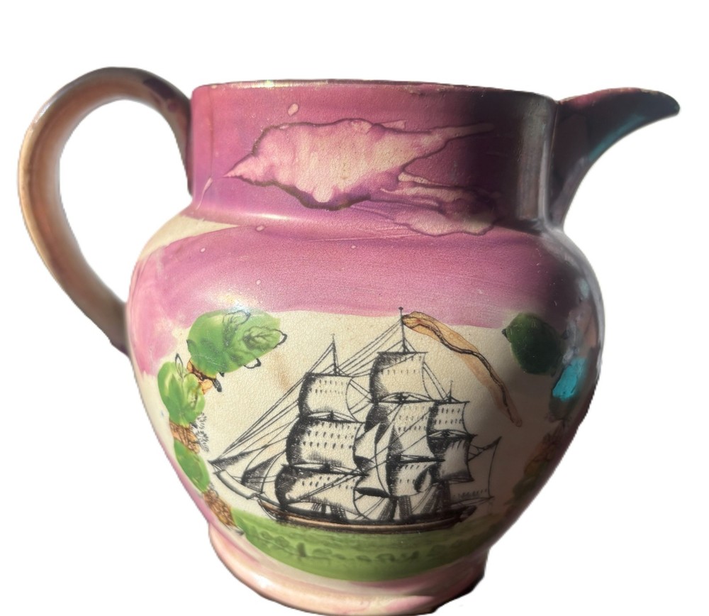 Antique Sunderland Pink Lustre Creamware Small Jug, 4 7/8