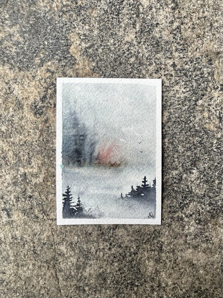 Misty Day 3-Original Watercolor ACEO Painting 2.5x3.5 ATC Card By Jenny Aleksi