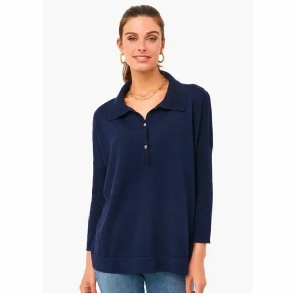 Tuckernuck Navy Linen Blend Clayton Knit Polo Top Size XS/S