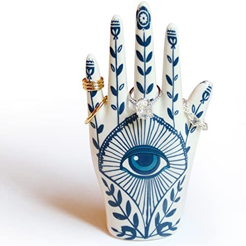 Hamsa Ring Holder Aesthetic Room Decor, Hamsa Hand with Blue Evil Eye Boho