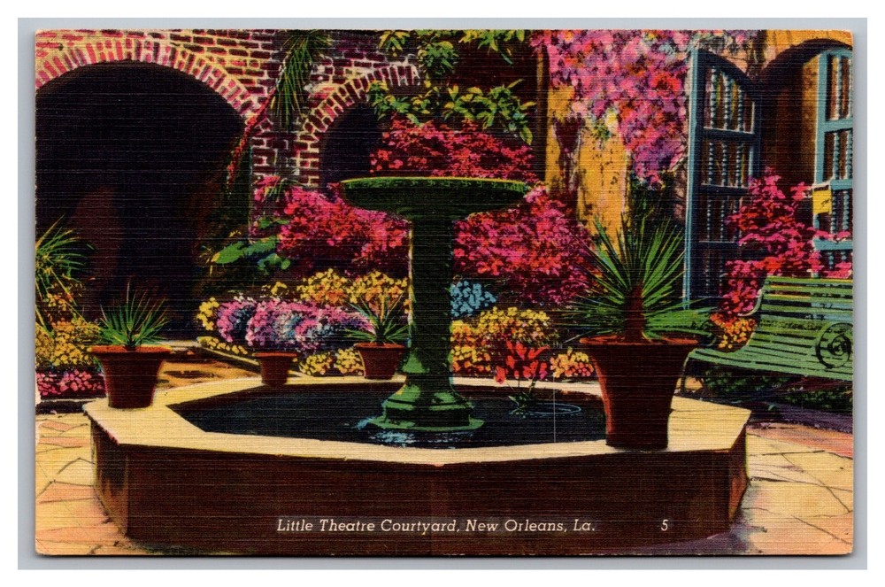 New Orleans Louisiana LA Little Theatre Courtyard Linen Postcard