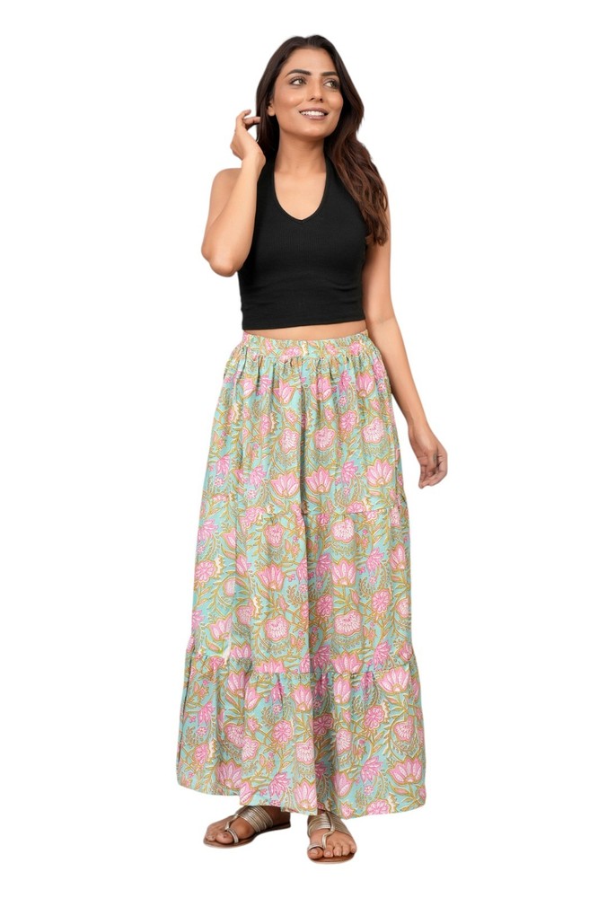 Boho Women Floral Block Printed 100%Cotton Maxi Flowy Skirt with Elastic Waist