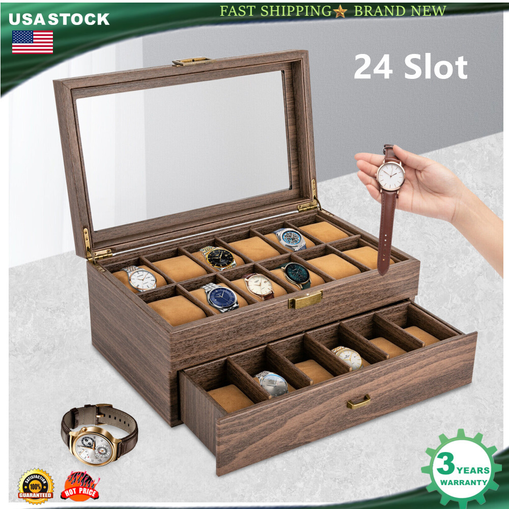 24-Slot Men's Watch Box Organizer with 2-Tier Jewelry Storage Display Case