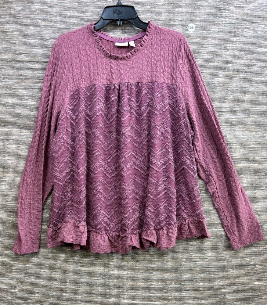 Logo Lavish Knit Tunic Top Womens Size 2X Purple Long Sleeve Floral Lace