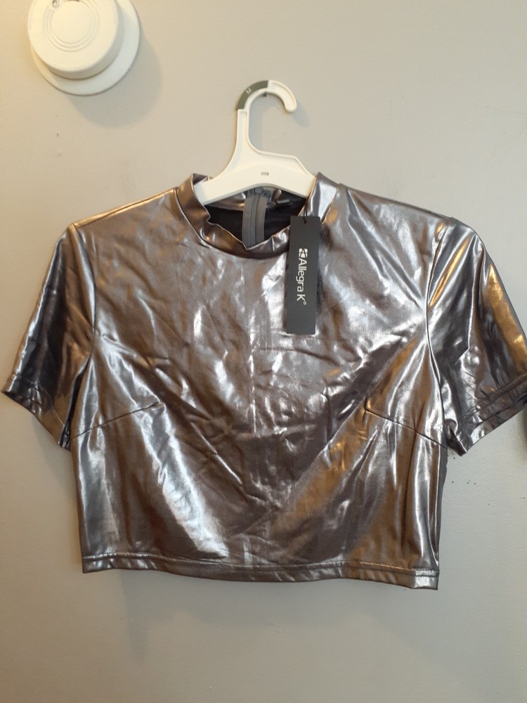 Allegra K Shiny Silver Zip-Back Crop Top for Women Size Medium NWT