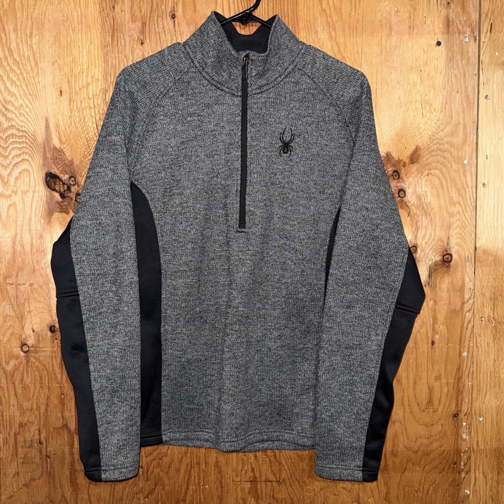 SPYDER Men’s Large Quarter Zip Pullover Sweater Gray & Black Knit Fleece Lined