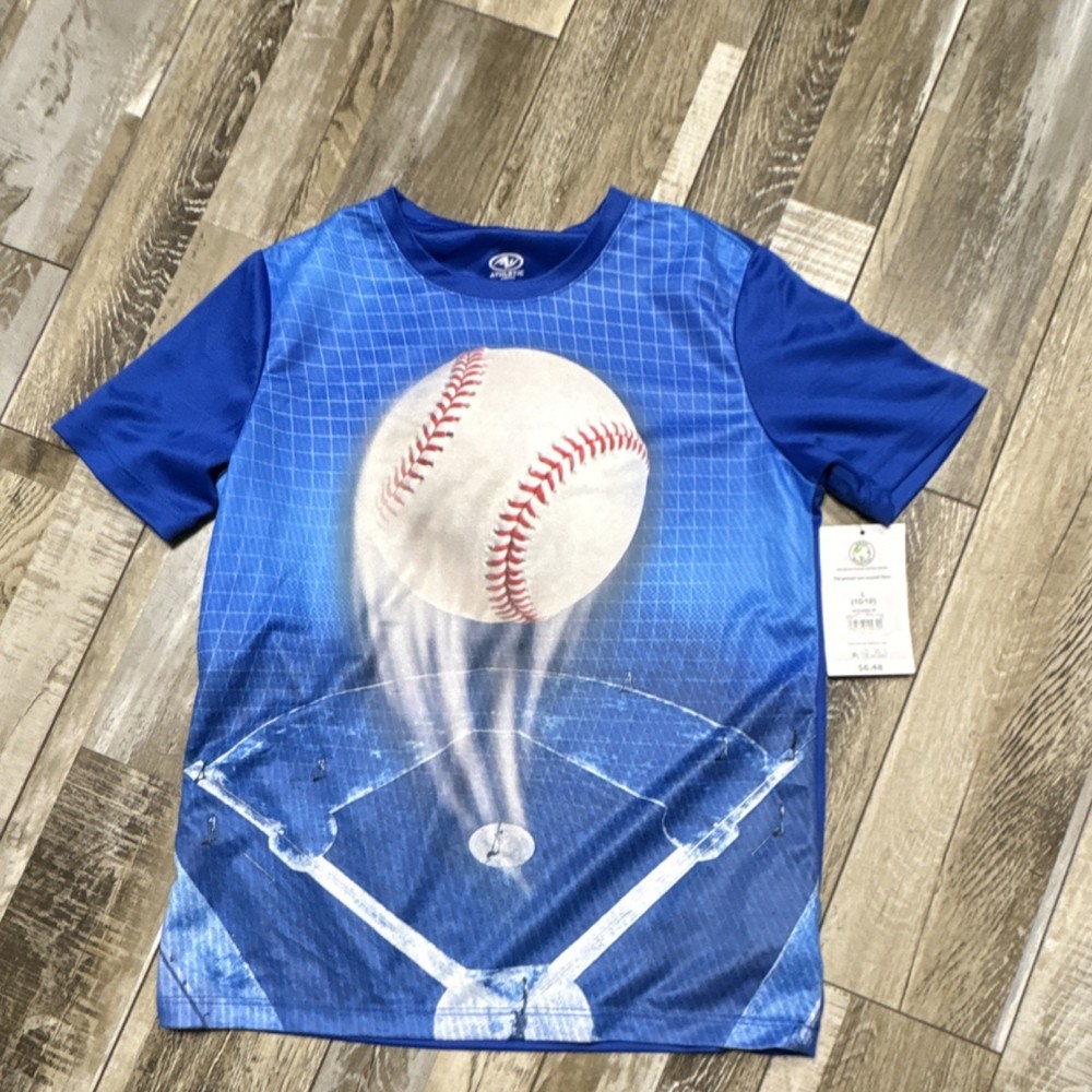 Athletic Works Boys Blue Baseball Graphic T-Shirt L (10-12) Recycled Polyester