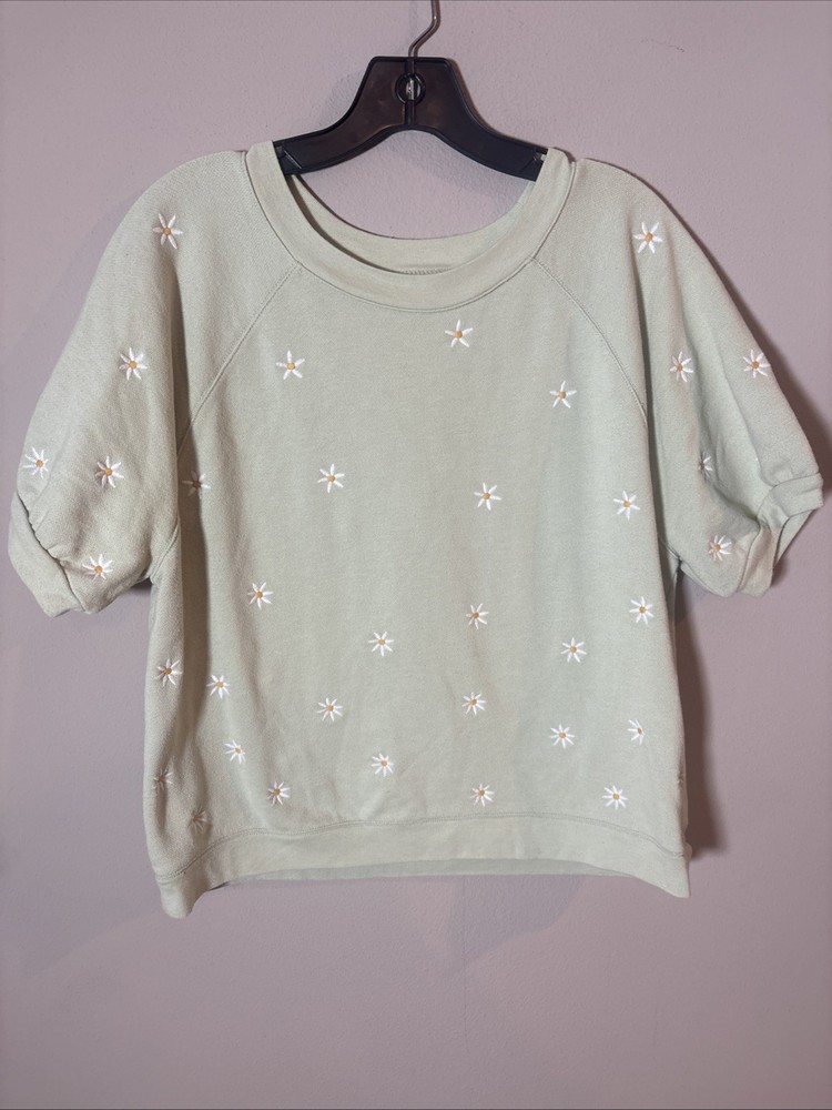 Madewell Daisy Embroidered Short Puff-Sleeve Crew Neck Sweatshirt Green Medium