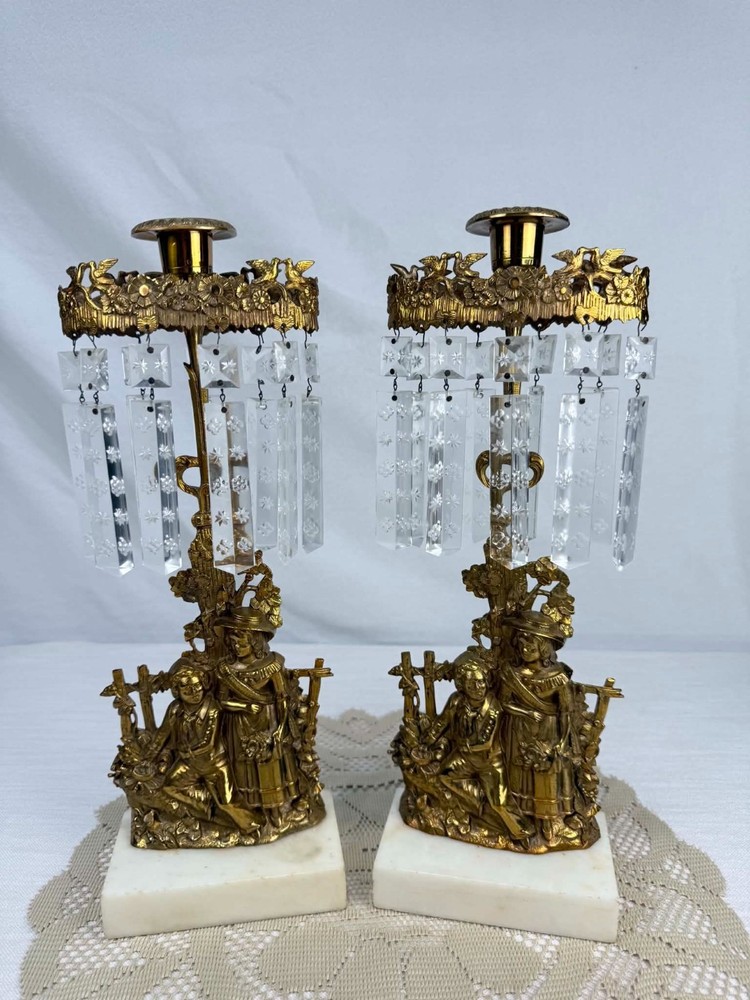 Antique Pair Girandole Candlesticks Crystal Prisms Marble Base Hollywood Regenc
