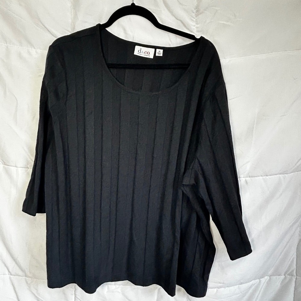 d&co Denim Company Black Ribbed 3X Plus Size Scoop Neck 3/4 Sleeve Top
