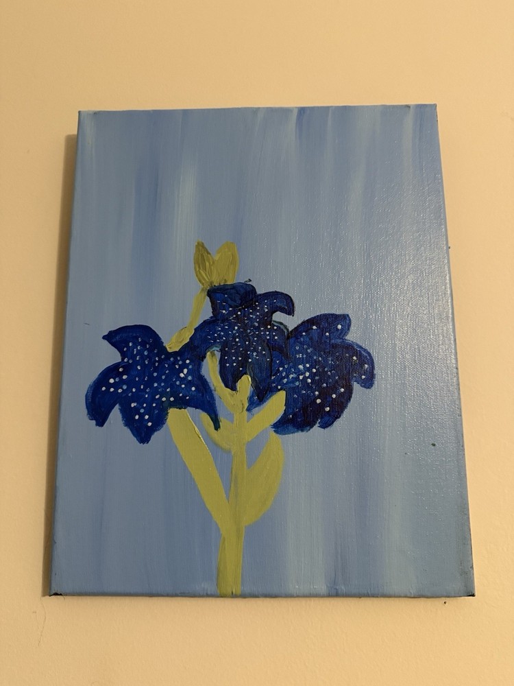 Original Abstract Blue Flower Acrylic Painting on Canvas, Small Unframed Art