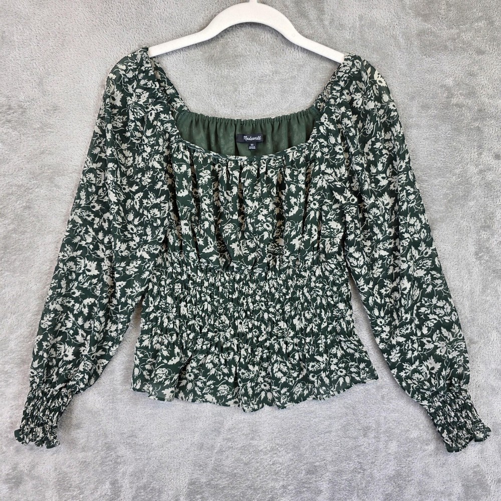 Madewell Blouse Womens XS Green Square Neck Long Puff Sleeve Smocked Floral