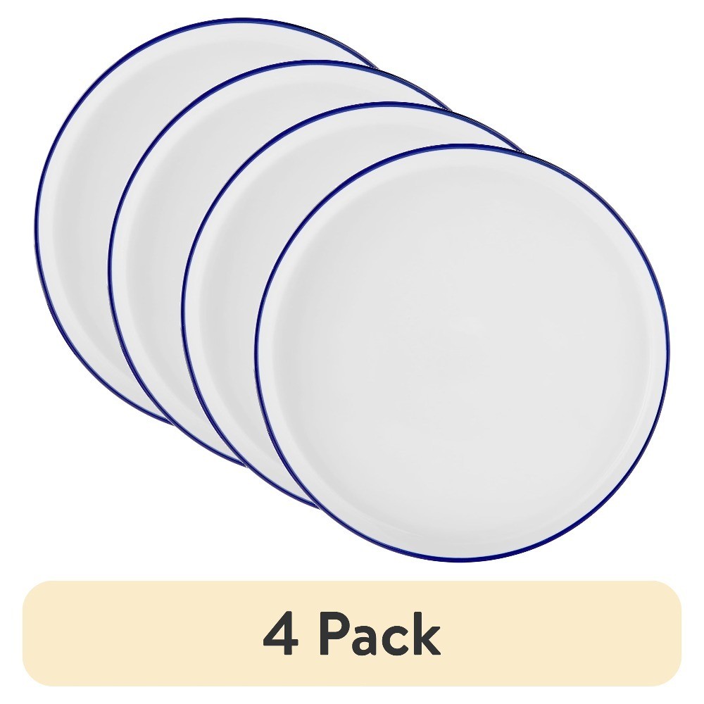Stoneware Dinner Plates Set of 4 with Blue Rim Casual Dining Dishes