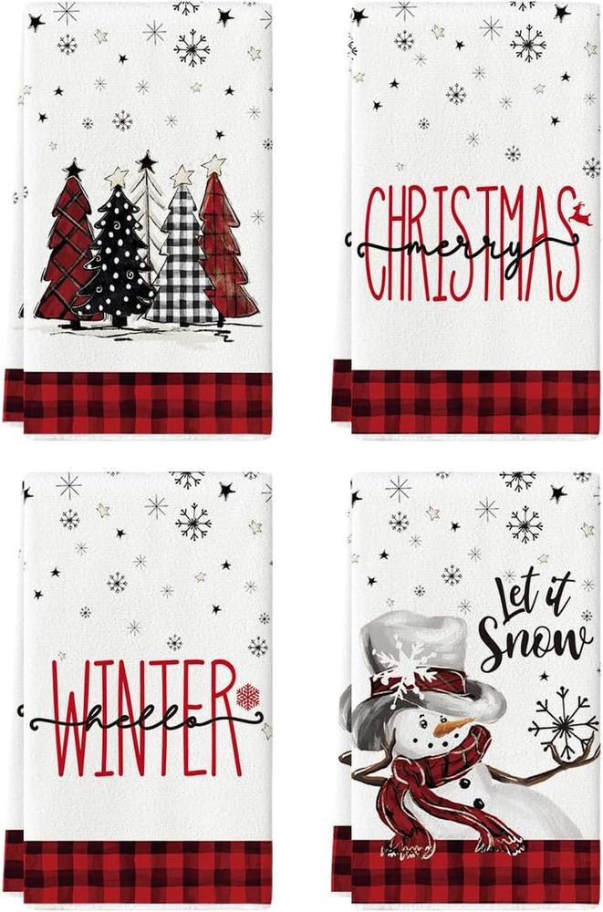 Red Black Buffalo Plaid Snowman Xmas Trees Christmas Kitchen Towels Dish Towels,