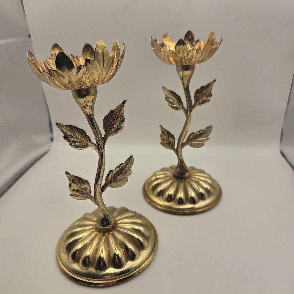 VTG Dilly Brass Tulip Lotus Flower Stem Candlestick Holders Pair