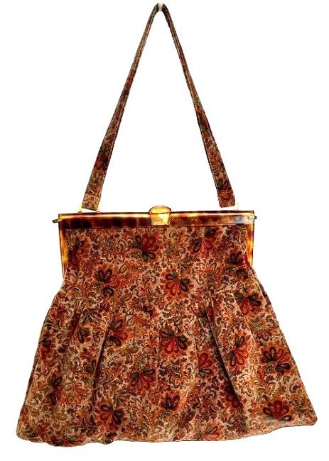 Vintage 1950s Paisley Velvet Handbag Purse with Brown Tortoise Celluloid Handle