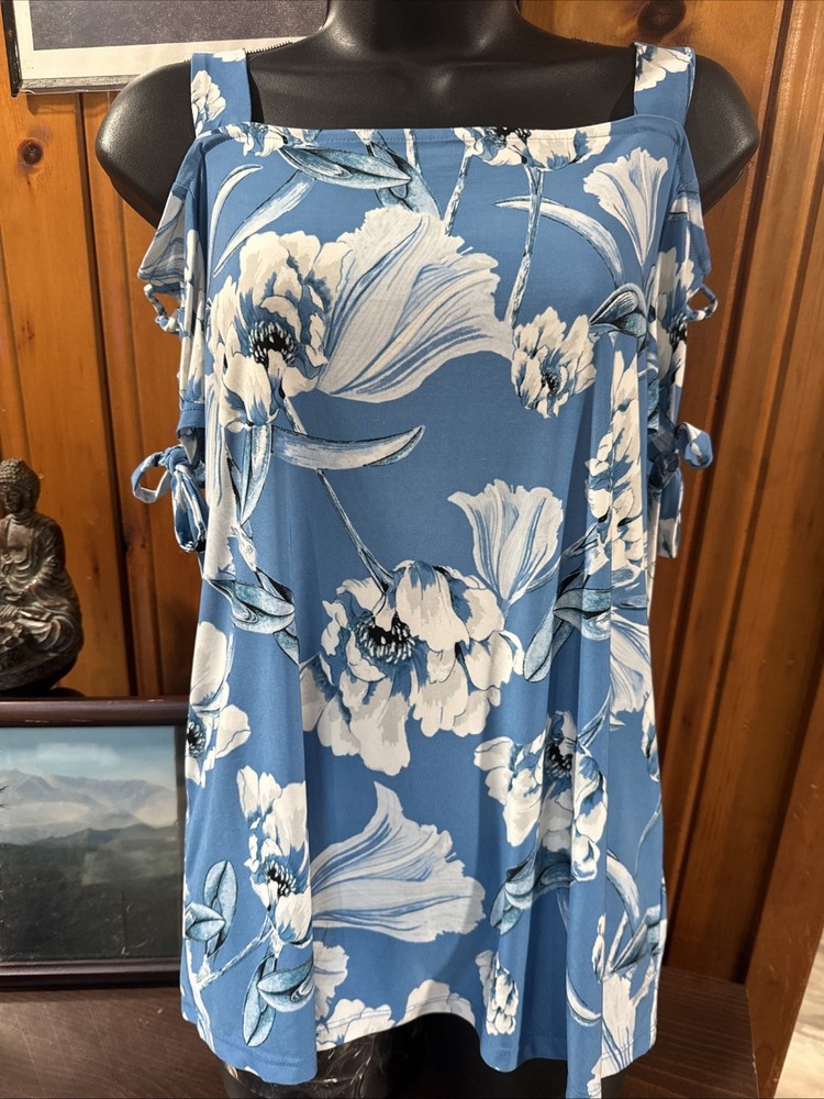 INC International Concepts Sz M Blue Floral Short Cold Shoulder Blouse Top