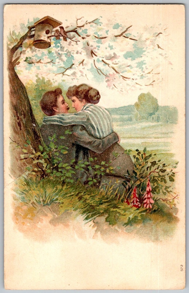 Antique Postcard Couple Embracing Under Tree 1910s