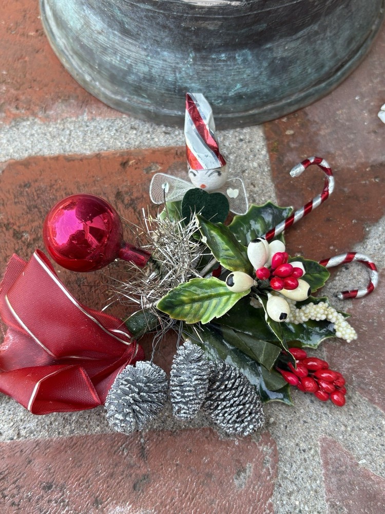 Vintage Christmas Red Silver Elf Corsage, Candy Cane Pinecone Glass Ball 1950s