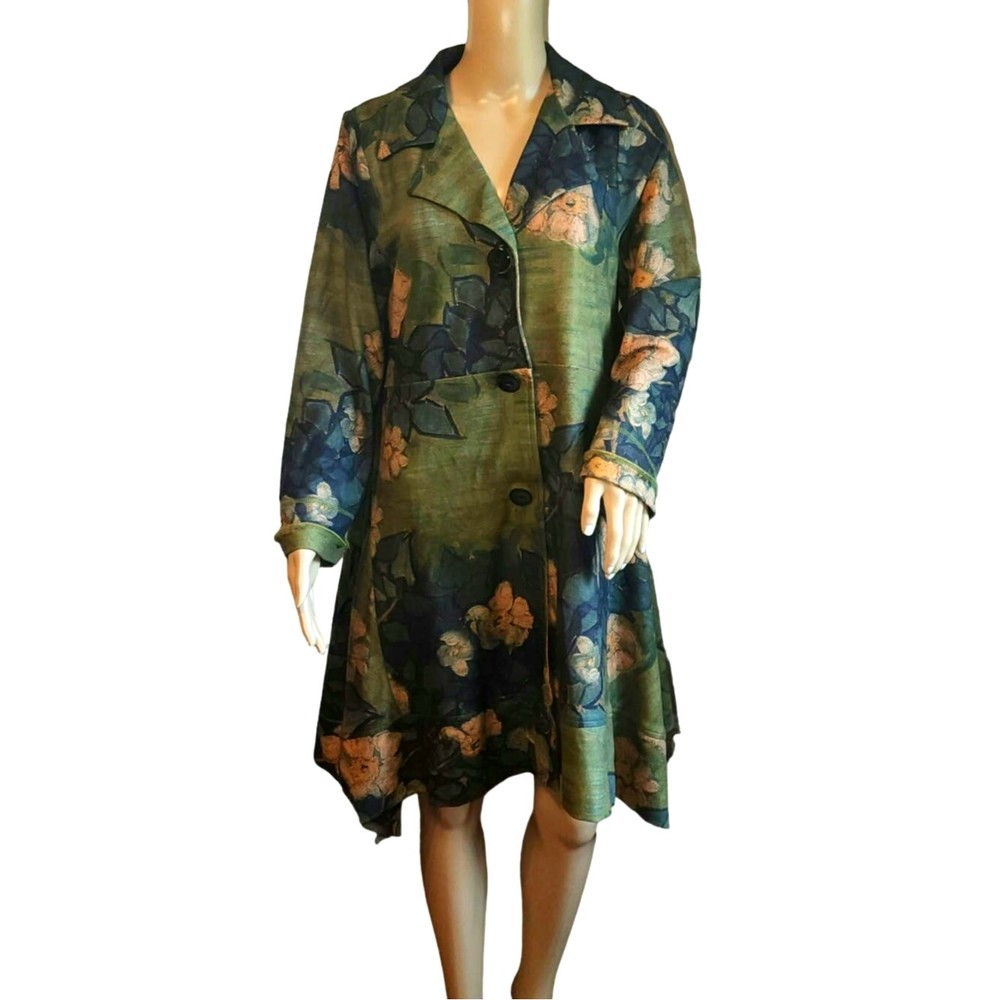 Aris. A Sz L Contrast Lined Swing Jacket Watercolor Floral Artsy Lagenlook