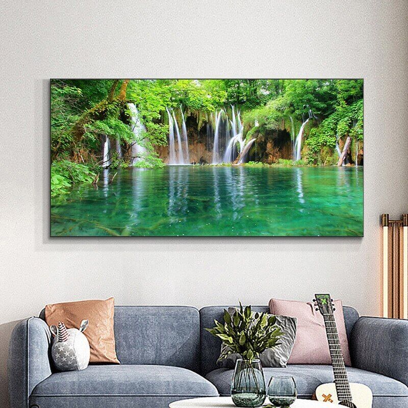 Canvas Wall Art Waterfall Canvas Painting Home Decor Green Tree Lake Poster Art