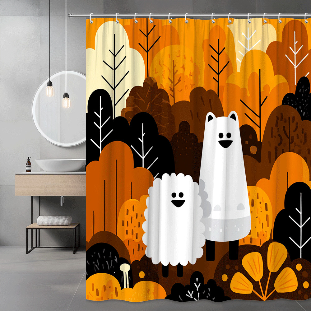 Halloween Shower Curtain Ghosts Trees Orange Black
