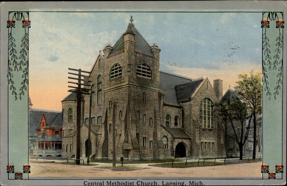 Central Methodist Church Lansing Michigan ~ arts crafts ~ dated 1916 postcard