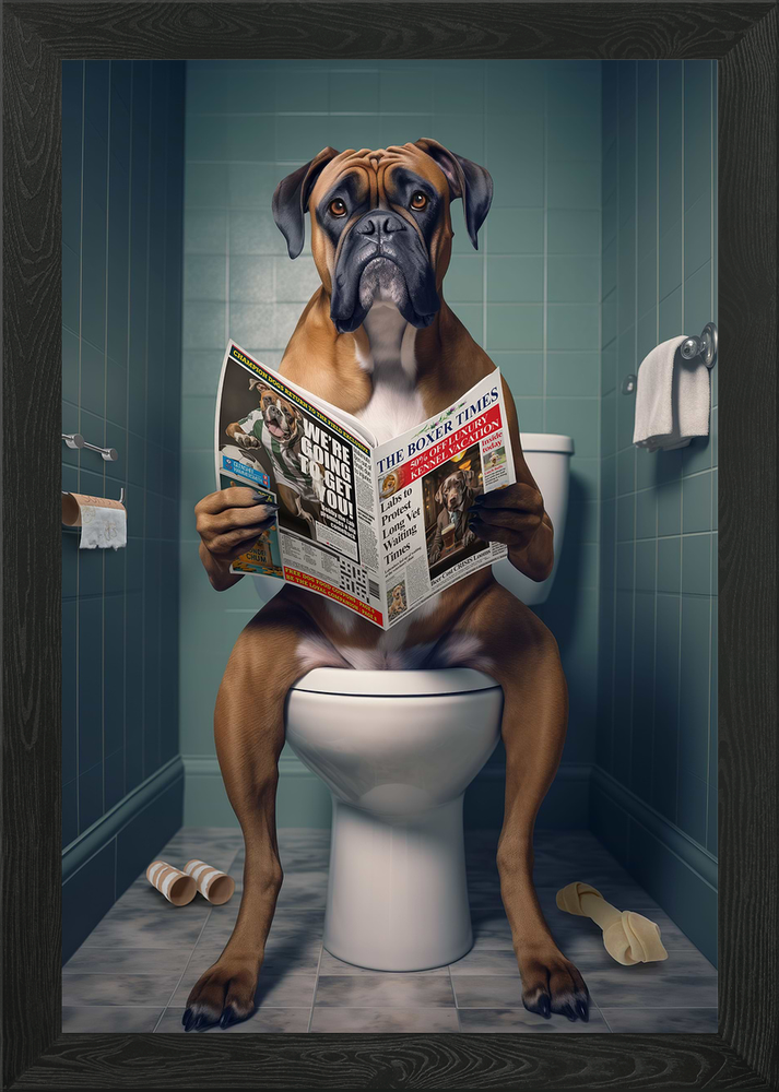 Boxer Dog on the Toilet Framed Wall Art Poster Canvas Print Picture