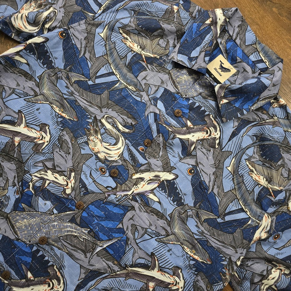 Yiume Shirt Mens M Blue Shark Print Hawaiian Button Up Short Sleeve Casual