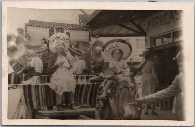 1953 TIJUANA Mexico Real Photo RPPC Postcard - Grandma & Grandson / Donkey Cart