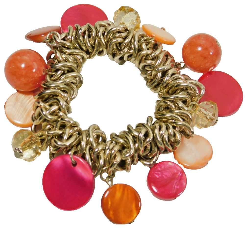 Multicolor Art Glass and  Acrylic Charm Gold Tone Stretch Bracelet
