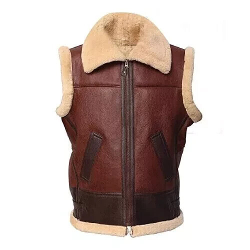 Men's Brown Aviator RAF B3 Shearling Bomber Real Sheepskin Leather Fur Vest