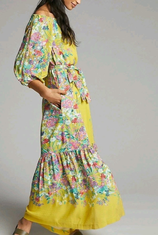 Women's Anthropologie Eliora Floral Yellow Maxi Dress Size Small Missing Belt