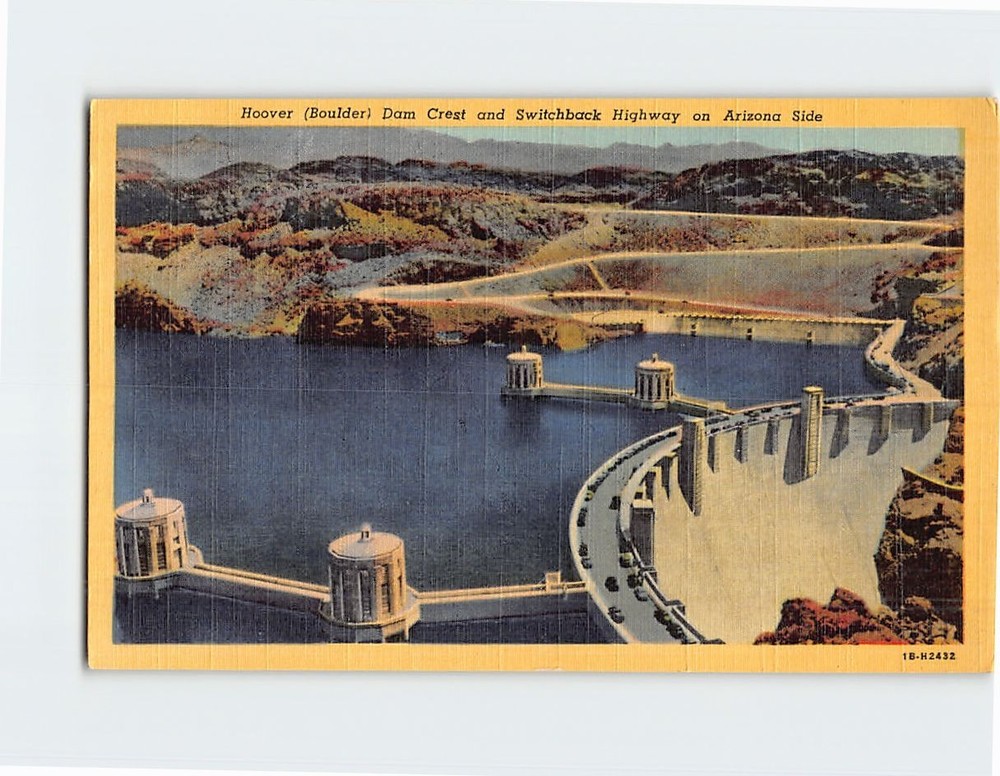 Postcard Hoover Dam Crest & Switchback Highway Arizona USA