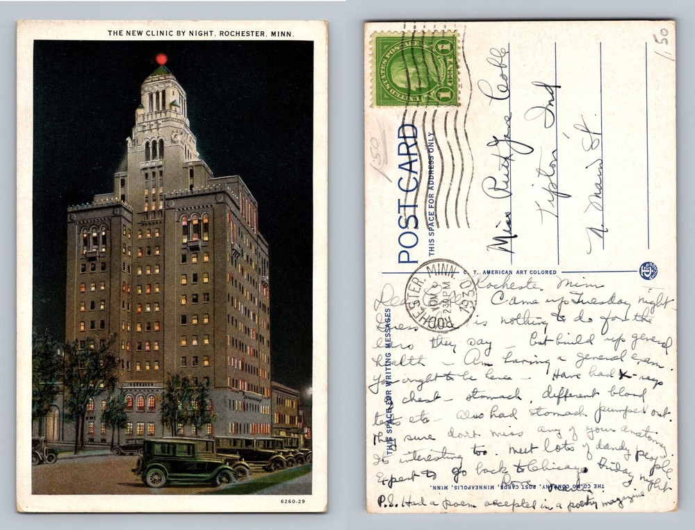 Rochester, MN-Minnesota, Mayo Clinic Lit Night Scene View, Vintage Postcard