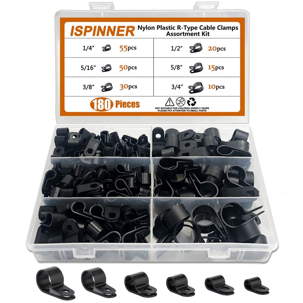 180pcs Nylon Plastic R-Type Cable Clamps, 1/4
