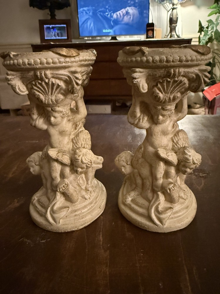 Vintage  Gold Tone Kneeling  Angel cherub Pedestal 6” Tall Candle Holders pair