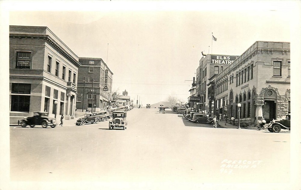 1930s Prescott Arizona Gurley Street Elks Theatre Postcard Autos RPPC 24-12043