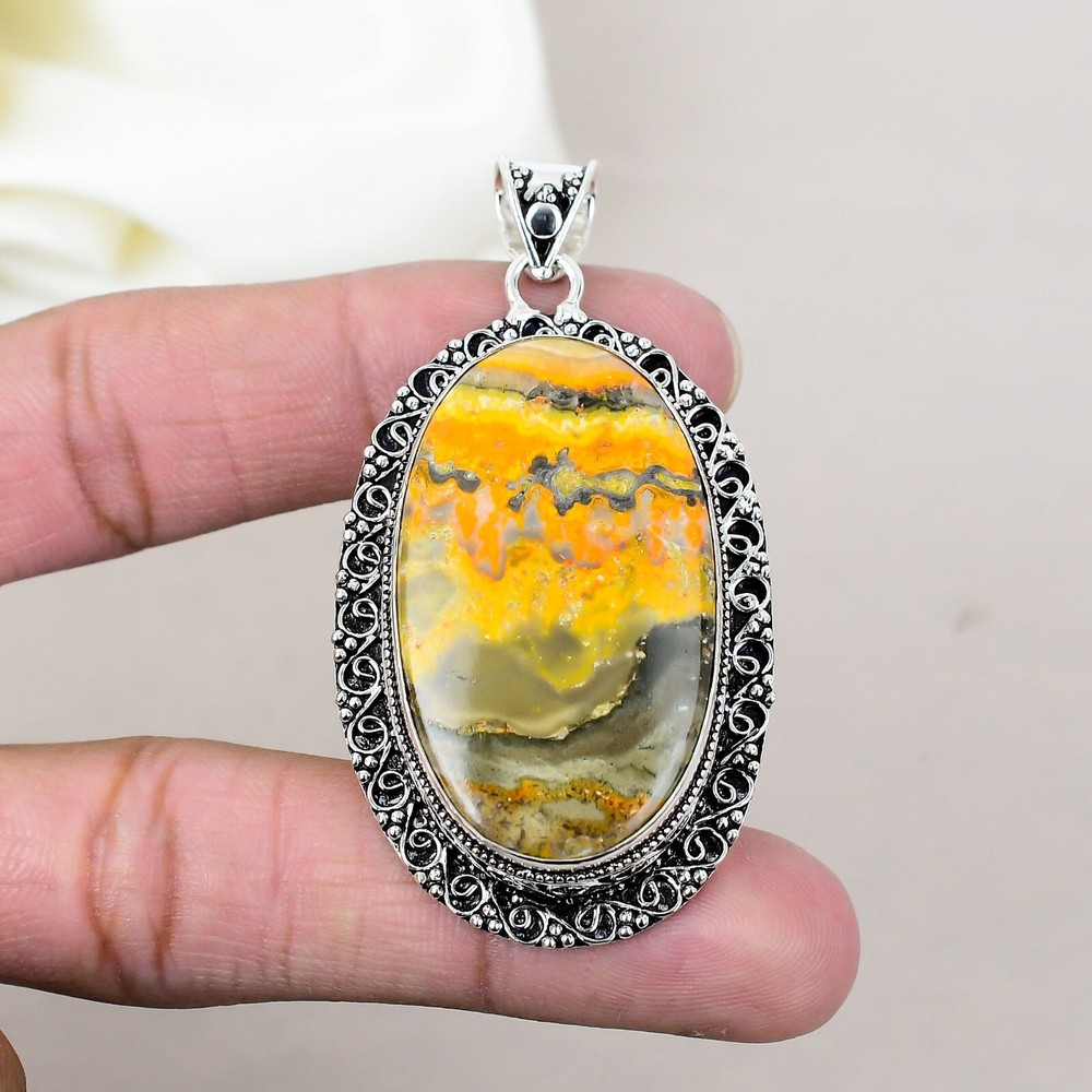 Natural Bumble Bee Jasper Gemstone 925 Sterling Silver Statement Pendant Jewelry