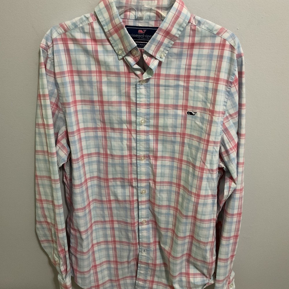 Mens Vineyard Vines LS Pastel Plaid Performance Slim Fit Whale Shirt