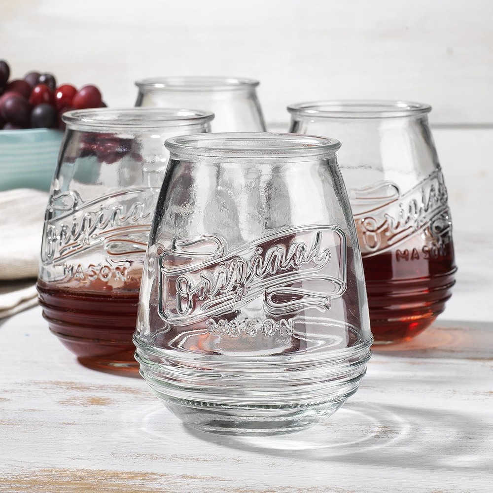 Stemless Wine Glasses 21 Oz. Set Of 4 Original Mason Vintage Goblet Beverage