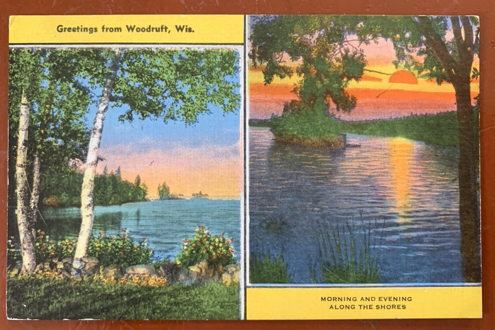 Greetings From Woodruff, Wisconsin Lake Sunrise Sunset Vintage Postcard