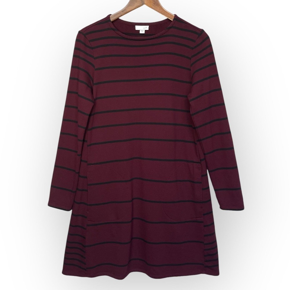 J.Jill Shift Dress Women Size S Red Striped Pockets Cotton Rayon Long Sleeve