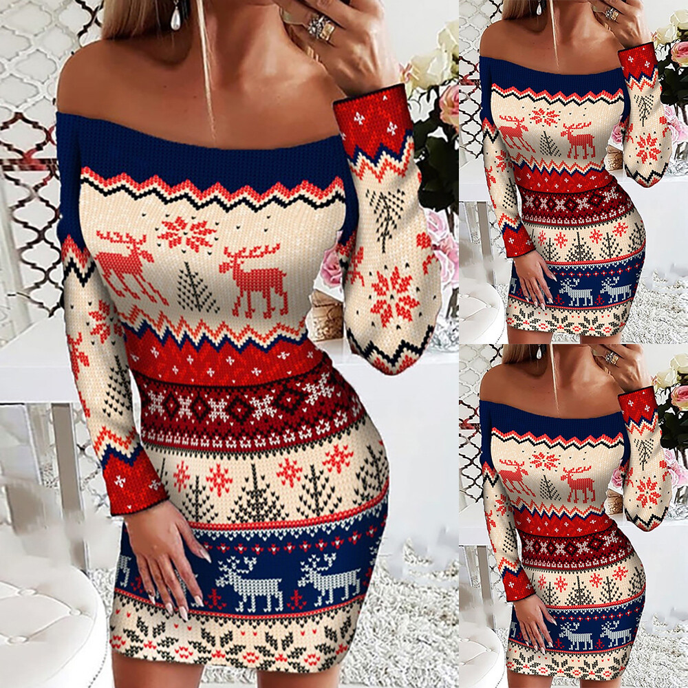 Womens Christmas Bodycon Off Shoulder Ladies Xmas Party Mini Dress Size 6-14