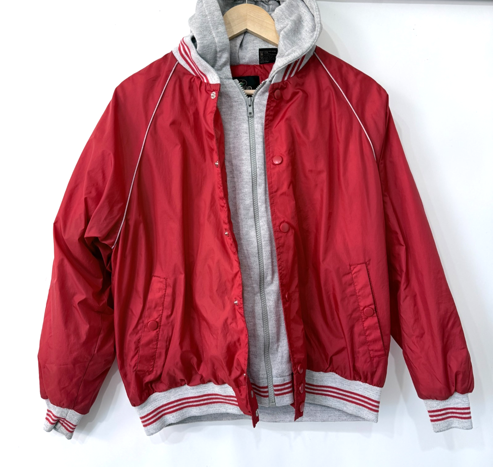 RedHead Hooded Bomber Jacket Mens L Red Gray Quilted Lining Zip Snap Varsity