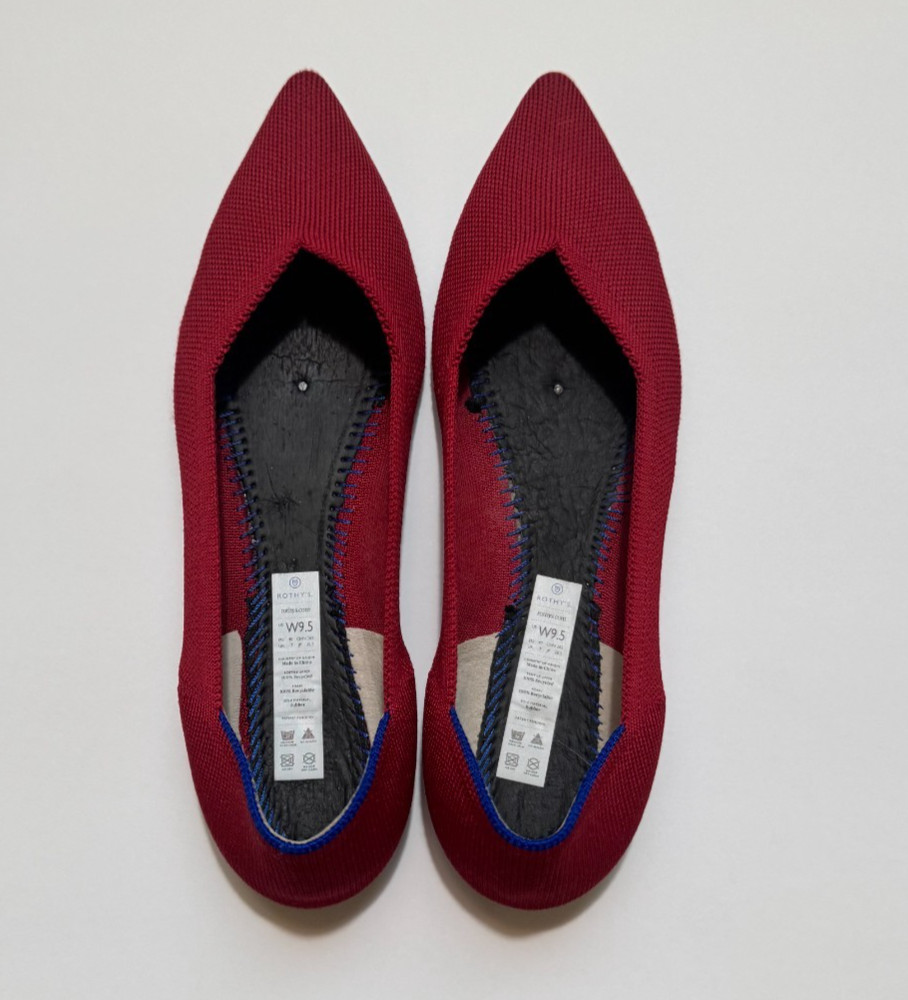 Gently Used Rothy's Red Pointy Toe Flat Shoes Women's Size 9.5 ** Missing Soles