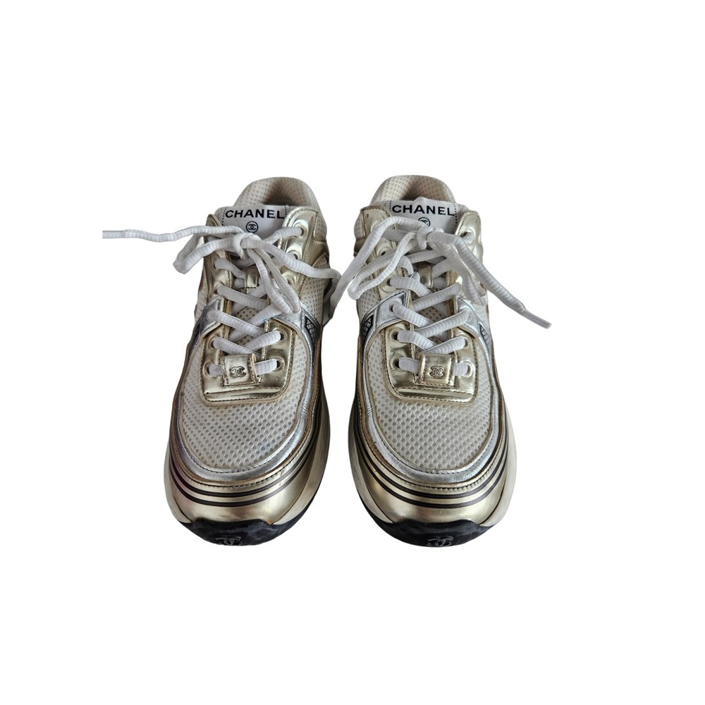 Chanel Gold and White CC Mesh and Leather Woman Sneakers, size 36.5