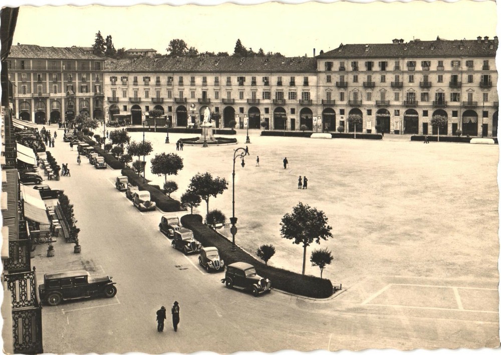 View of Buildings, Vintage Cars & People At Piazza Alfieri, Asti, Italy Postcard