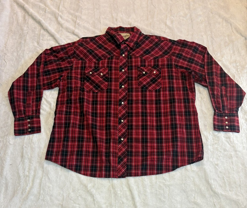 Wrangler Shirt Mens XXL Red Black Plaid Western Pearl Snap Long Sleeve Cowboy