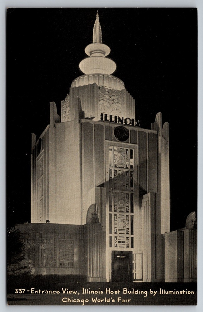 Illinois Host Building at Night - 1933 Chicago World's Fair Postcard